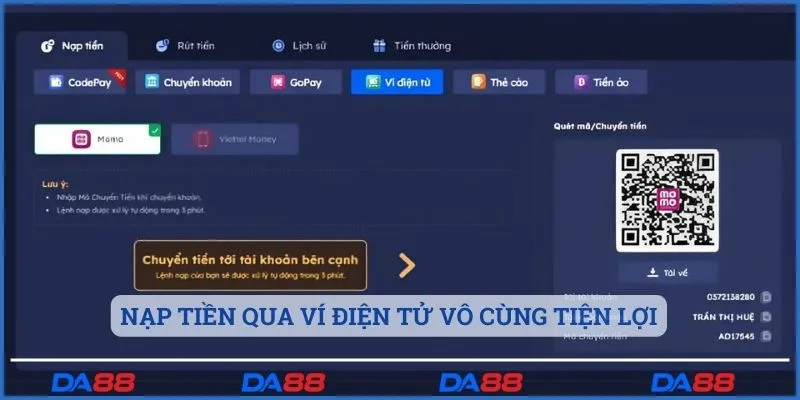 Nạp tiền qua ví điện tử vô cùng tiện lợi  